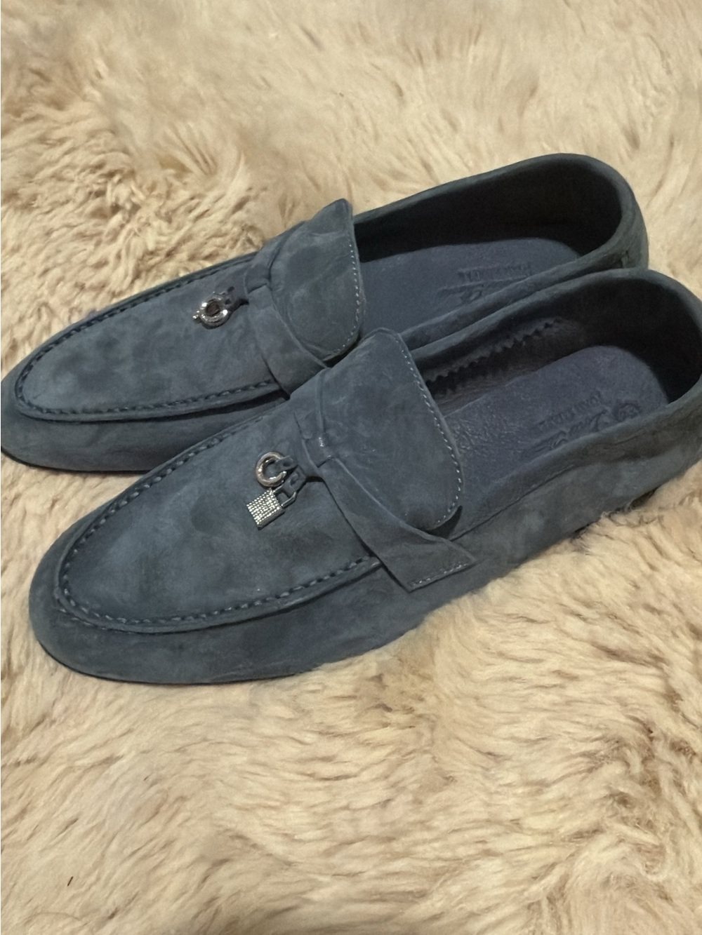 Loro Piana Grey Suede Loafers with Metal Charm - Picture 5 of 6